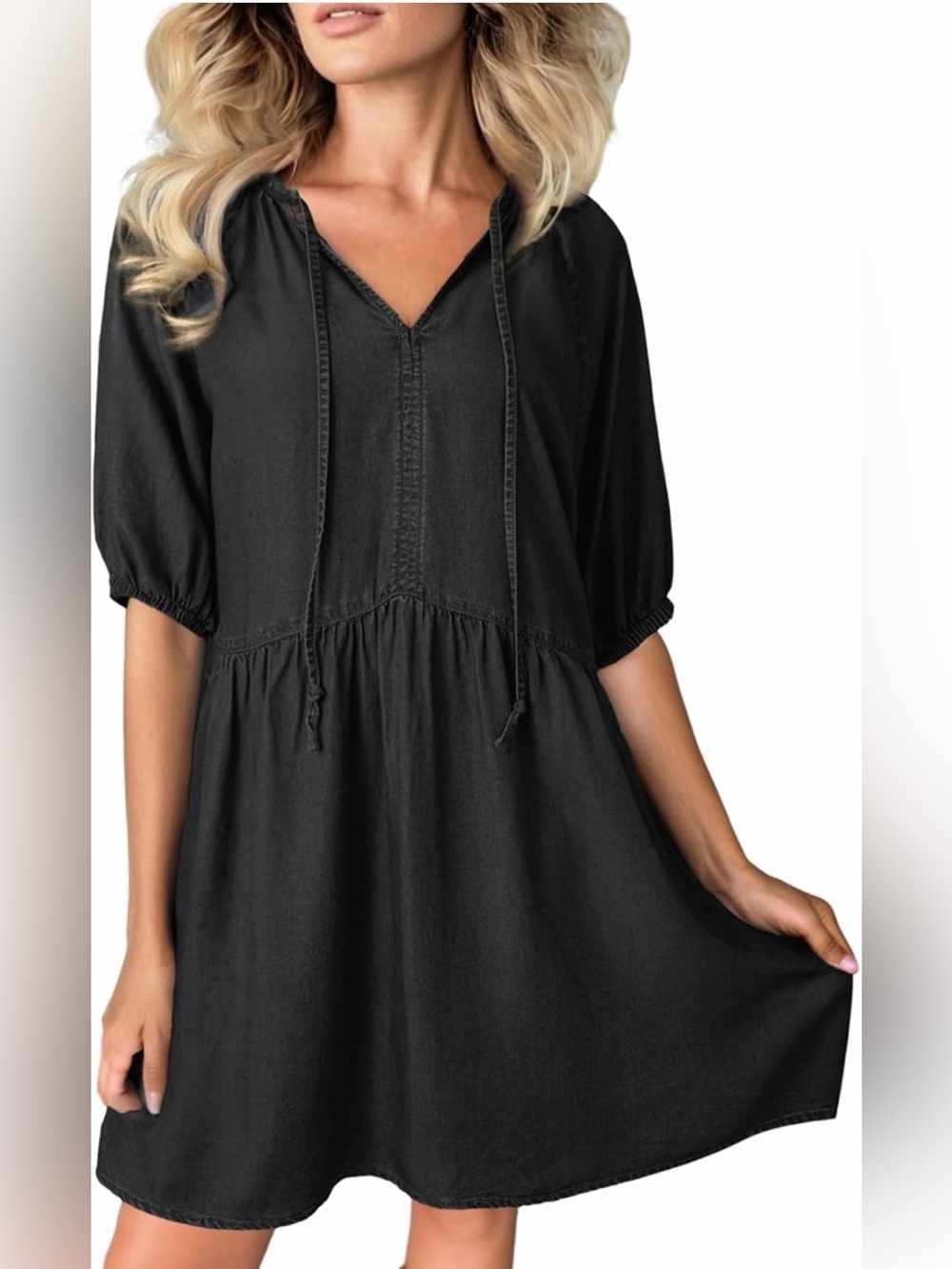 A155 DOKOTOO Denim Black V-Neck Babydoll Midi Short Puff Sleeve Dress NWT MED